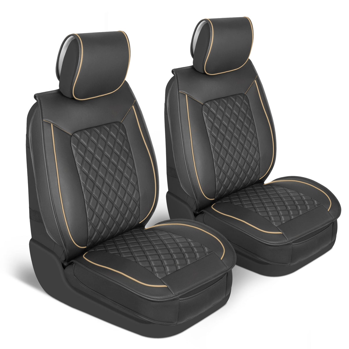 MotorBox 2-Pack Prestige Edition Premium Faux Leather Diamond Stitched Cushion Front Seat Covers - Beige