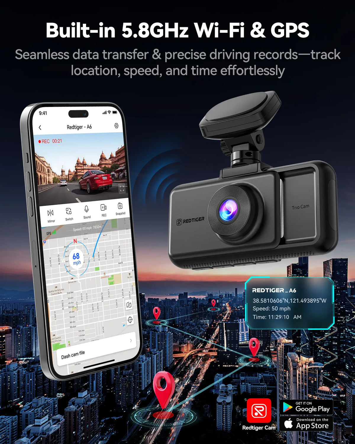 REDTIGER A6 Dash Cam Front and Rear, 4K/2.5K+1080P 5.8G WiFi & GPS dashcam, 3 Channel dash Cam with 64GB Card