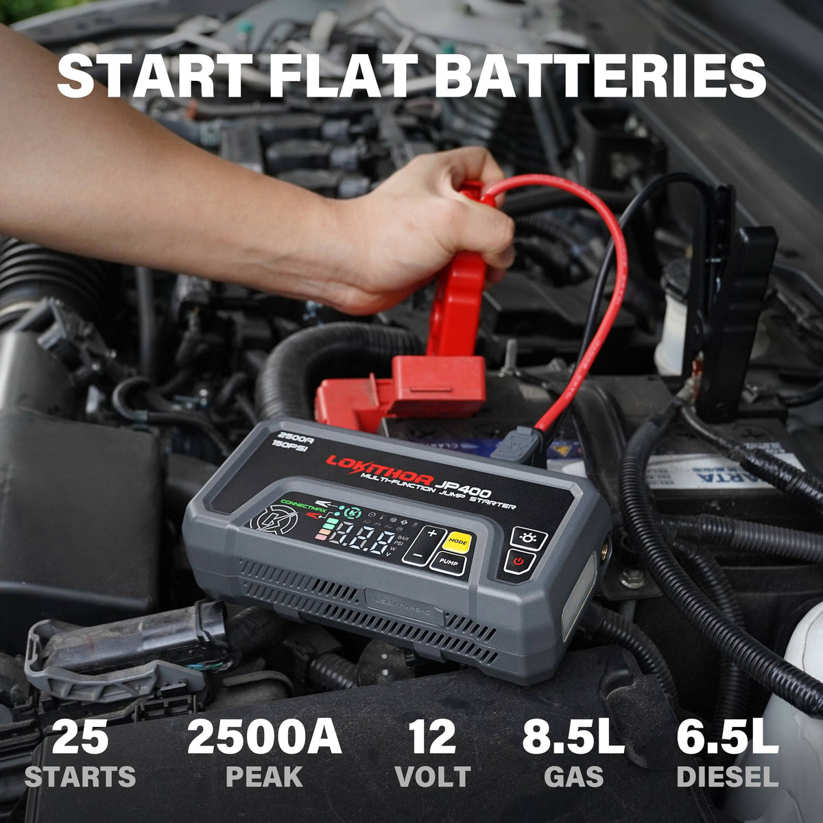 LOKITHOR JP400 Jump Starter 2500A with 150PSI Air Compressor for 8.5L Gas / 6.5L Diesel