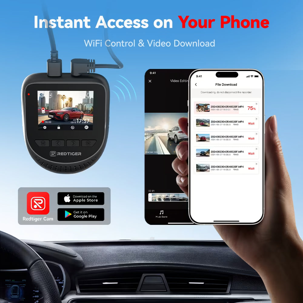 Redtiger A2 Dash Camera Front and Rear, 2.5K+1080P Dual Dashcam, WiFi, Loop Recording, G-Sensor, 24H Parking Mode, Super