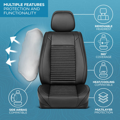 MotorBox Elite Edition Faux Leather & All Weather Wicker Seat Covers for Cars, Trucks, & SUV - 2 Black Car Seat Covers for Front Seats
