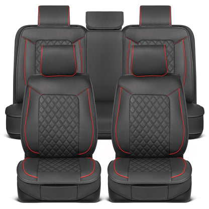 MotorBox 11-Piece Prestige Edition Premium Faux Leather Diamond Stitched Cushion Front Seat Covers and Rear Seat Covers - Red