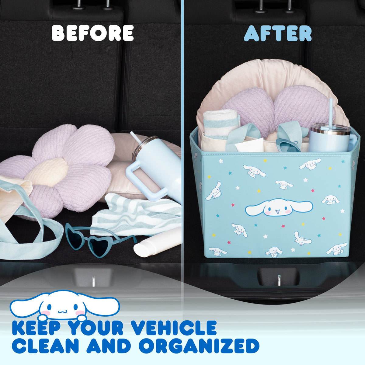 Sanrio Cinnamoroll Car Trunk Organizer and Storage Bin - Collapsible Compartment, Heavy Duty, Fold Up for Easy Storage, Automotive Seat Cargo for