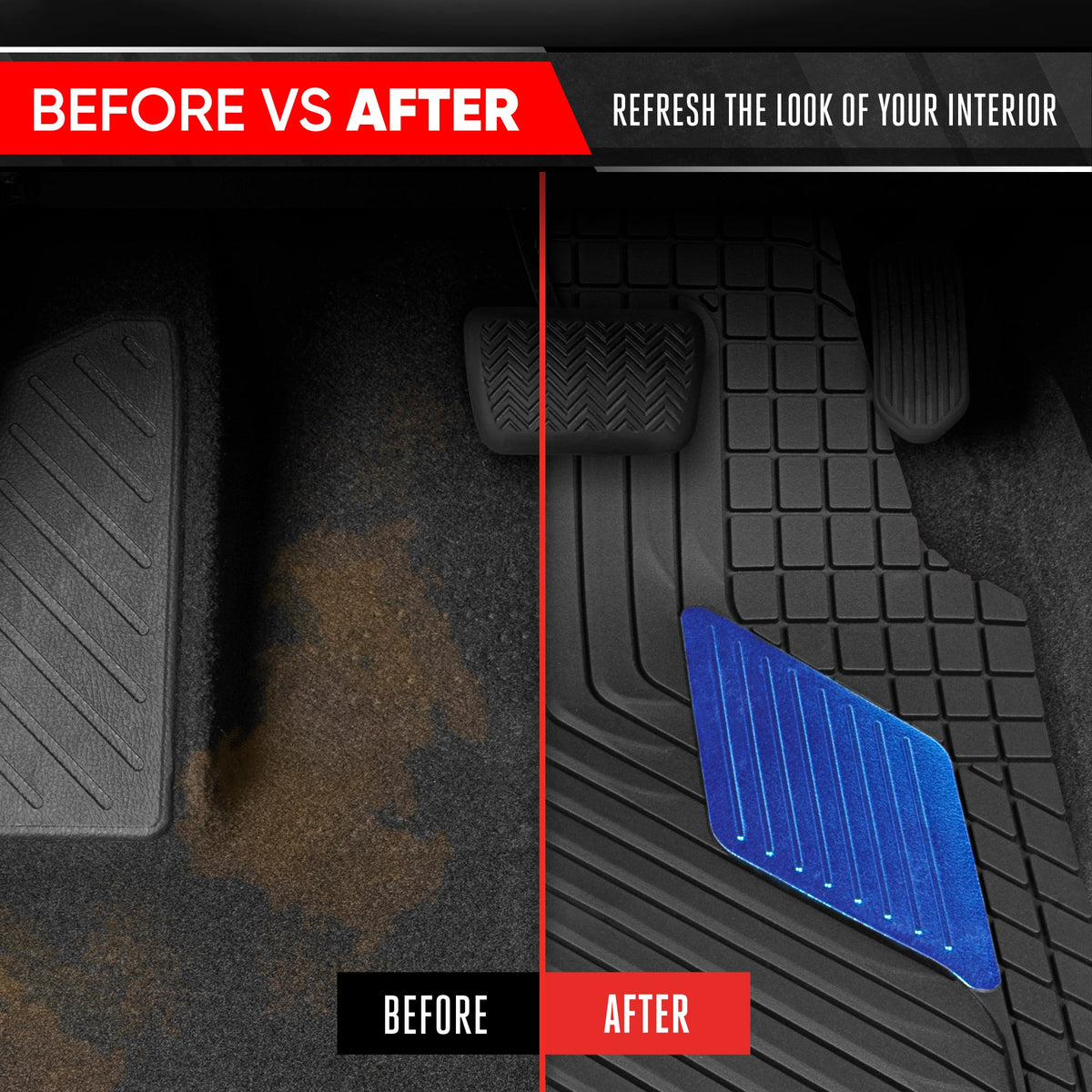 Motor Trend MetallicGuard Car Floor Mats Full Set - Durable Rubber Floor Mats with Blue Metallic Heel Pad, All-Weather Interior Protection for