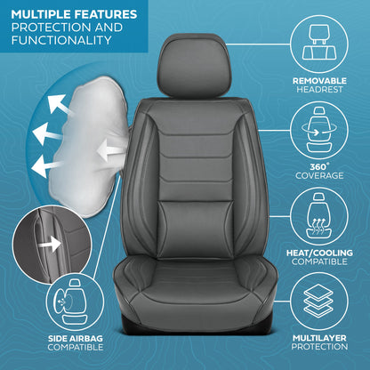 MotorBox Elite Edition Faux Leather Seat Covers for Cars, Trucks, & SUV - 2 Gray Car Seat Covers for Front Seats - Universal Fit Car Accessories
