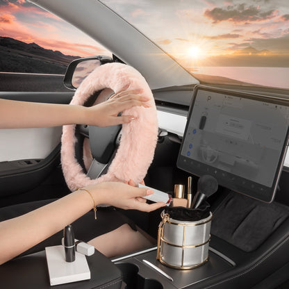 Carbella Soft Pink Fuzzy Steering Wheel Cover, Standard 15 Inch Size Fits Most Vehicles, Cute Faux Fur Car Steering Cover with Soft Fluffy Furry