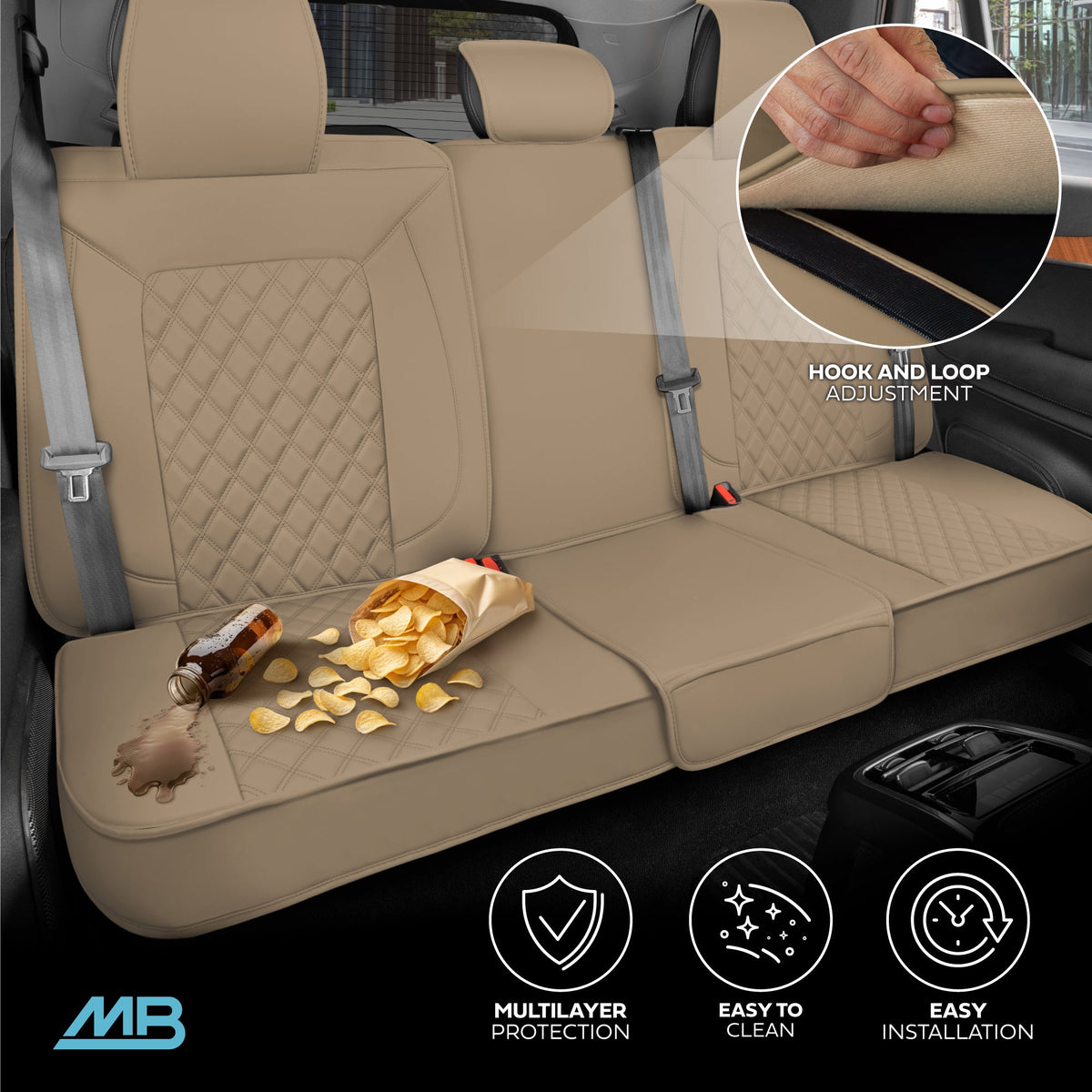 MotorBox Premium Napa Leather Rear Seat Cover - Semi Universal Fit for Most Cars, Truck & SUV - Beige Back Seat Protector - Anti-Slip, Durable