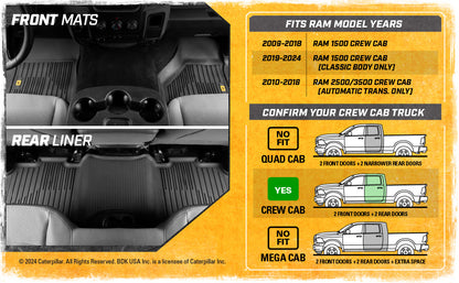 CAT 3-Piece JustFit 3D Front Floor Mats and Rear Floor Mats for Dodge Ram 1500 Crew Cab 2009-2018, Dodge Ram 2500/3500 Crew Cab 2010-2018, Dodge