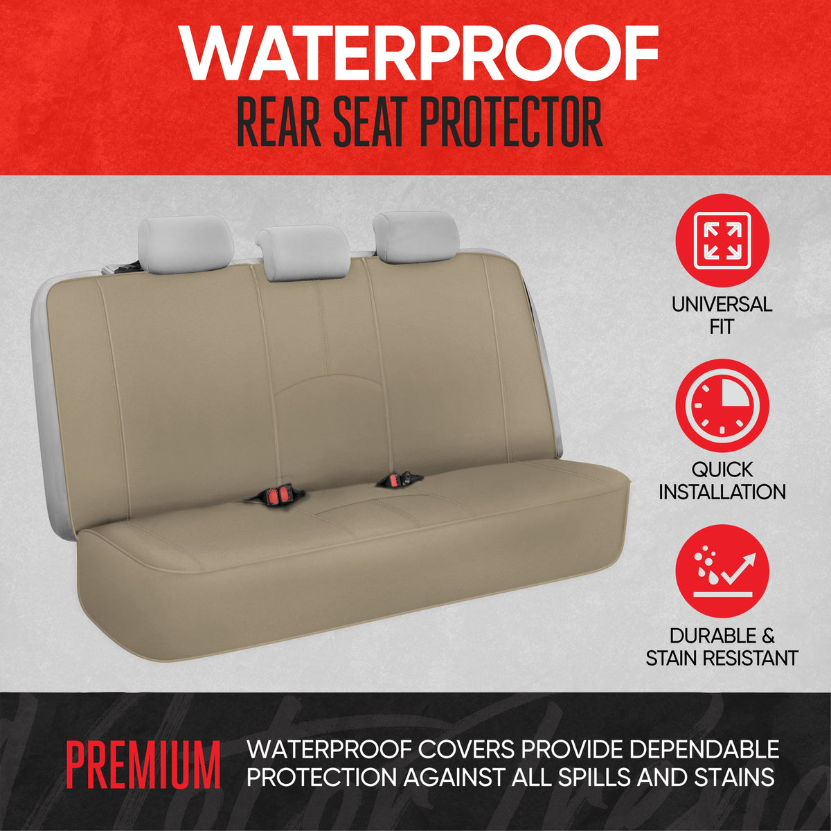 Motor Trend SpillGuard Waterproof Rear Bench Car Seat Cover, All Beige Stitching - Split Bench Rear Seat Protector with Neoprene Padding, Back