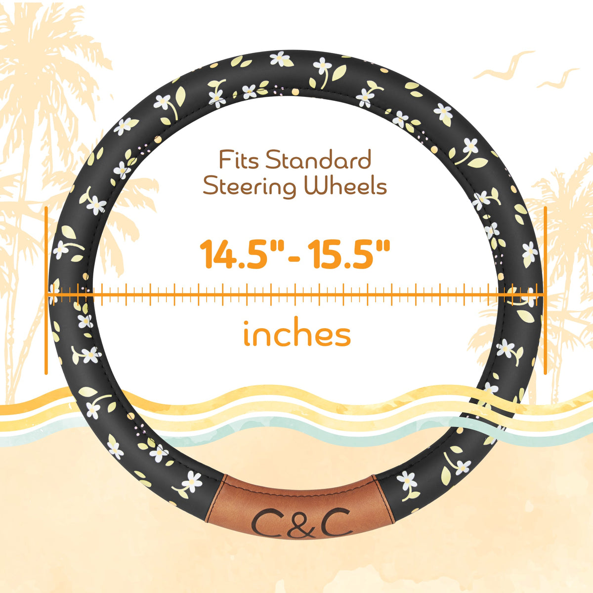C&C California Car Steering Wheel Cover Floral Daisy Flowers, Non Slip Black Leather Steering Wheel Cover for Women Men, Cute Comfortable Soft