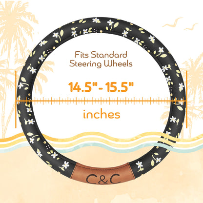 C&C California Car Steering Wheel Cover Floral Daisy Flowers, Non Slip Black Leather Steering Wheel Cover for Women Men, Cute Comfortable Soft