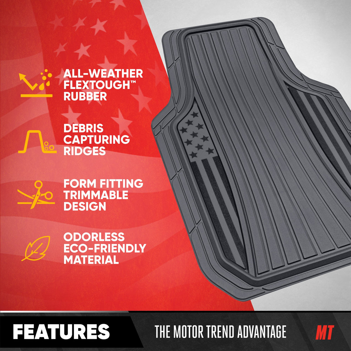 Motor Trend Flag Car Floor Mats Full Set - Durable Gray Rubber Floor Mats for Cars with Two Tone Accent, All Weather Interior
