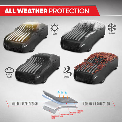 Motor Trend Black USA Flag Waterproof Car Cover - All Weather Outdoor Protection, UV Resistant, Windproof, Scratchproof - Semi-Universal Fit