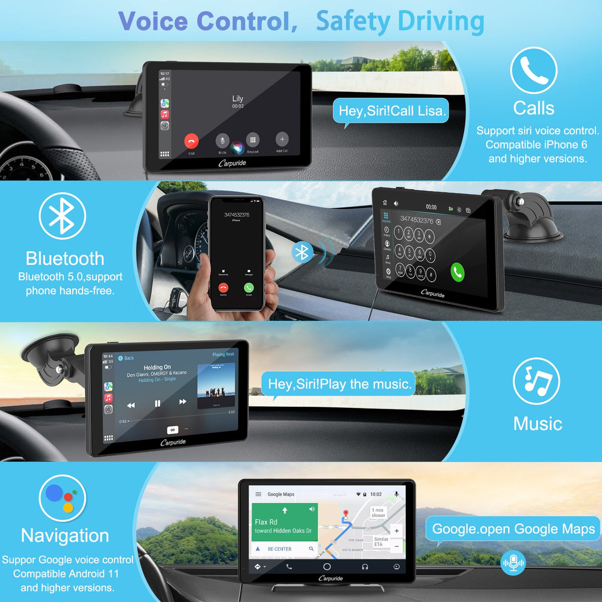 CARPURIDE C3 Portable Smart Multimedia Dashboard Console with Detachable Sunshade and Backup Camera