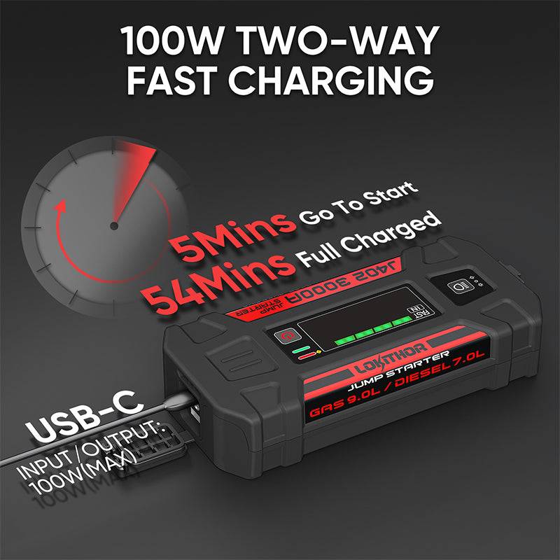 LOKITHOR J402 Portable Jump Starter 3000A Peak with ConnectMax Tech for 9.0L Gas/7.0L Diesel