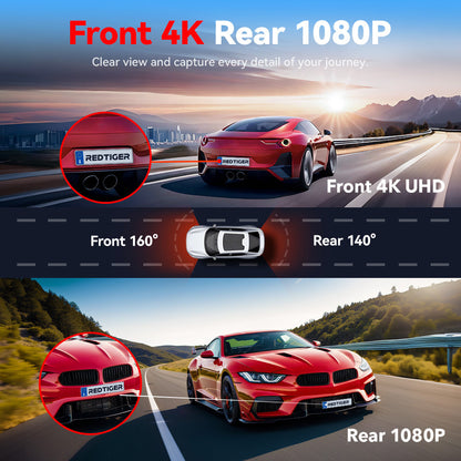 Redtiger 2CH A4 4K+1080P 5.8GHz WIFI Voice Control Dash Cam