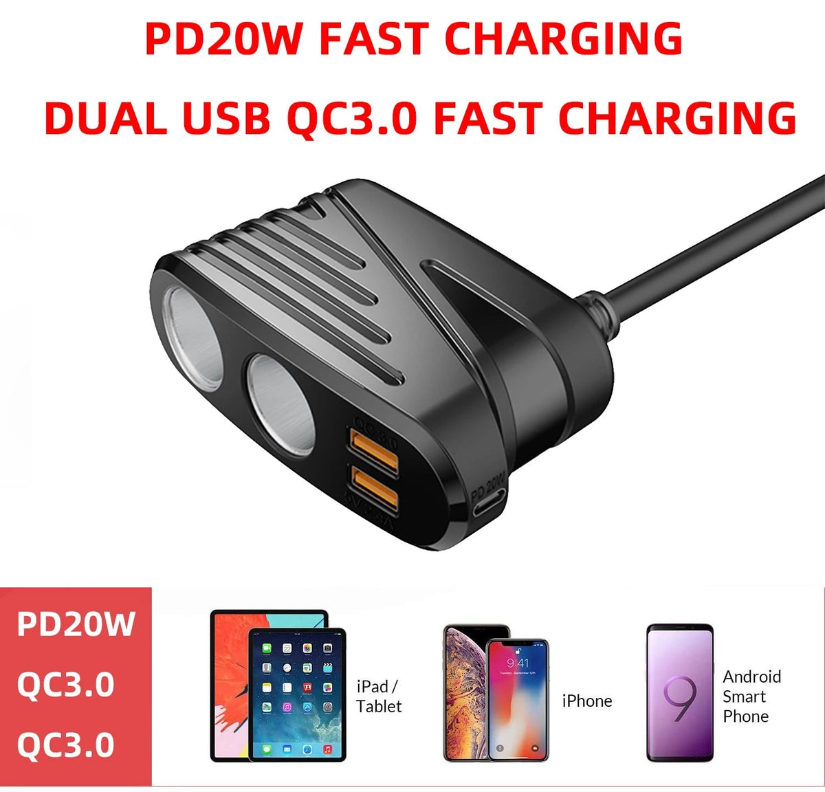 CARPURIDE Car charger mobile phone charger cigarette lighter dispenser with 2USB ports dual QC3.0 fast charging 20W USB-C