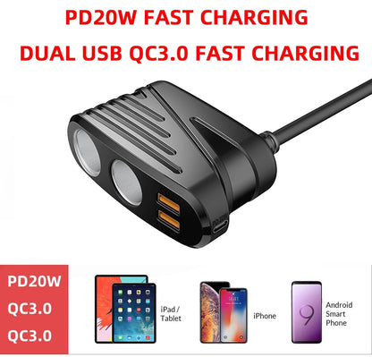CARPURIDE Car charger mobile phone charger cigarette lighter dispenser with 2USB ports dual QC3.0 fast charging 20W USB-C