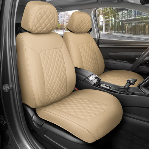 MotorBox Prestige Edition Faux Leather Seat Covers for Cars, Trucks, & SUV – 2 Beige Car Seat Covers for Front Seats - Universal Fit Car