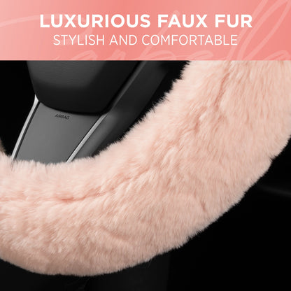 Carbella Soft Pink Fuzzy Steering Wheel Cover, Standard 15 Inch Size Fits Most Vehicles, Cute Faux Fur Car Steering Cover with Soft Fluffy Furry