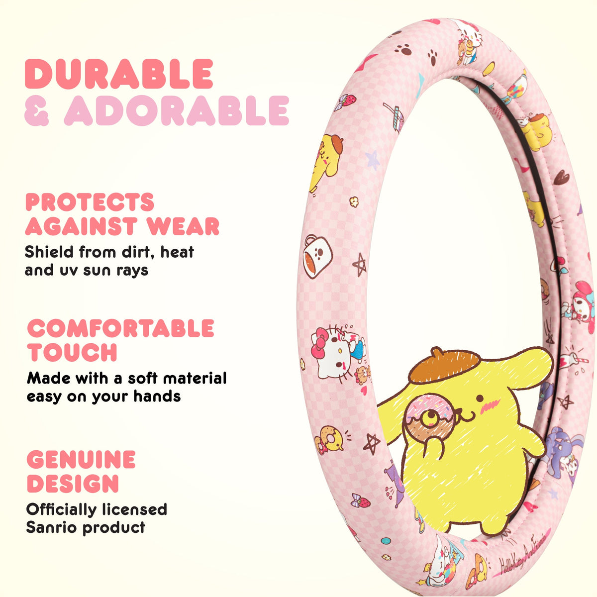 Hello Kitty and Friends Steering Wheel Cover, Universal Fit Cute Accessories for Women, Stylish Decor Gift Hello Accessories - Fits Standard