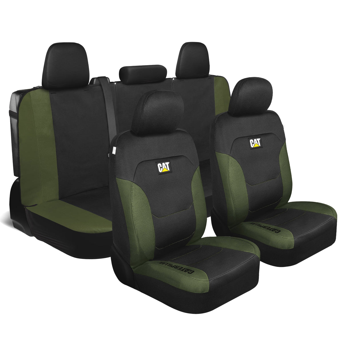 CAT Black & Green Car Seat Covers Full Set – Front Seat Covers & Rear Bench Seat Cover – Airbag Compatible, 60/40 Split Bench for Trucks, Cars &
