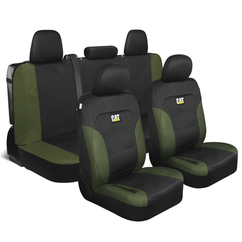 CAT Black & Green Car Seat Covers Full Set – Front Seat Covers & Rear Bench Seat Cover – Airbag Compatible, 60/40 Split Bench for Trucks, Cars &