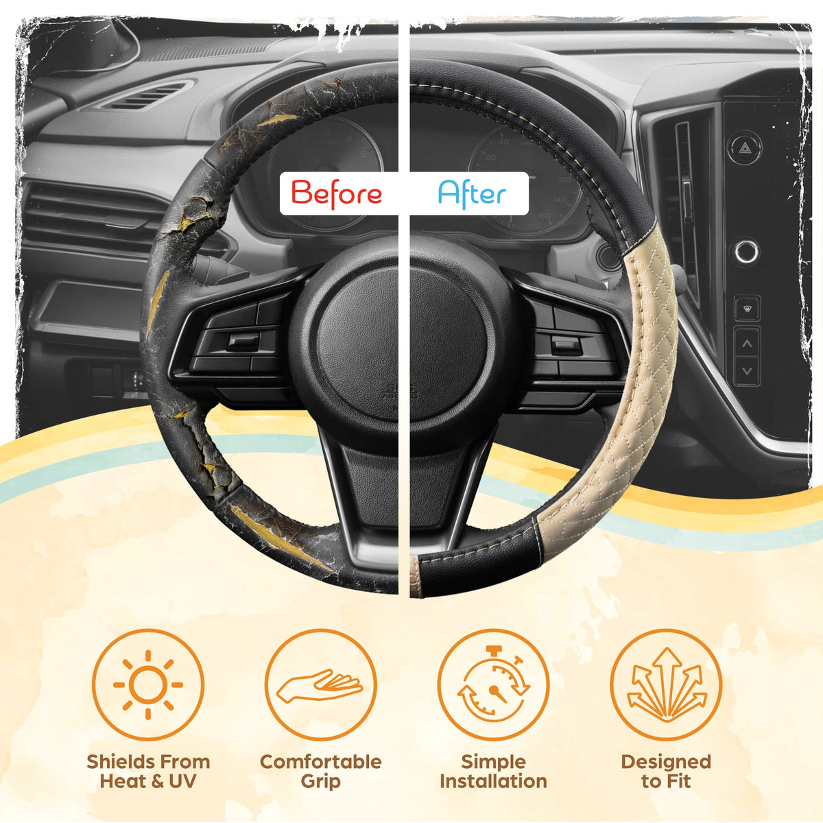 C&C California Car Steering Wheel Cover Beige Diamond Quilt, Non Slip Leather Steering Wheel Cover for Women Men, Cute Comfortable Soft Easy