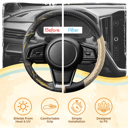 C&C California Car Steering Wheel Cover Beige Diamond Quilt, Non Slip Leather Steering Wheel Cover for Women Men, Cute Comfortable Soft Easy