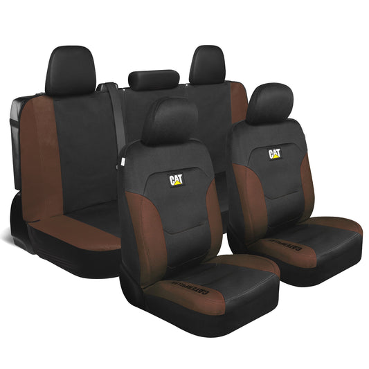CAT Black & Brown Car Seat Covers Full Set – Front Seat Covers & Rear Bench Seat Cover – Airbag Compatible, 60/40 Split Bench for Trucks, Cars &