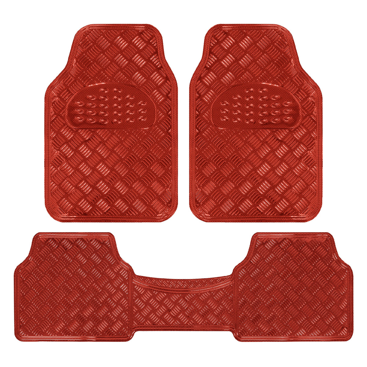BDK 3-Piece Translucent Metallic-Look Front Floor Mat and Rear Floor Mat - Heavy Duty, All Weather - Red