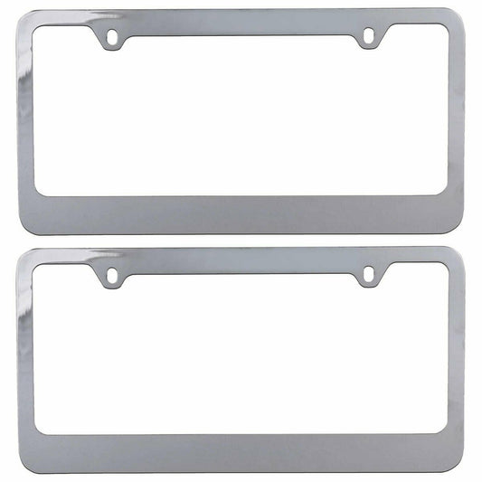 Chrome Plated Rust-Proof Die-Cast Stainless Metal License Plate Frame/Holder Universal Size - Blank Metal Design (Pack of 2)