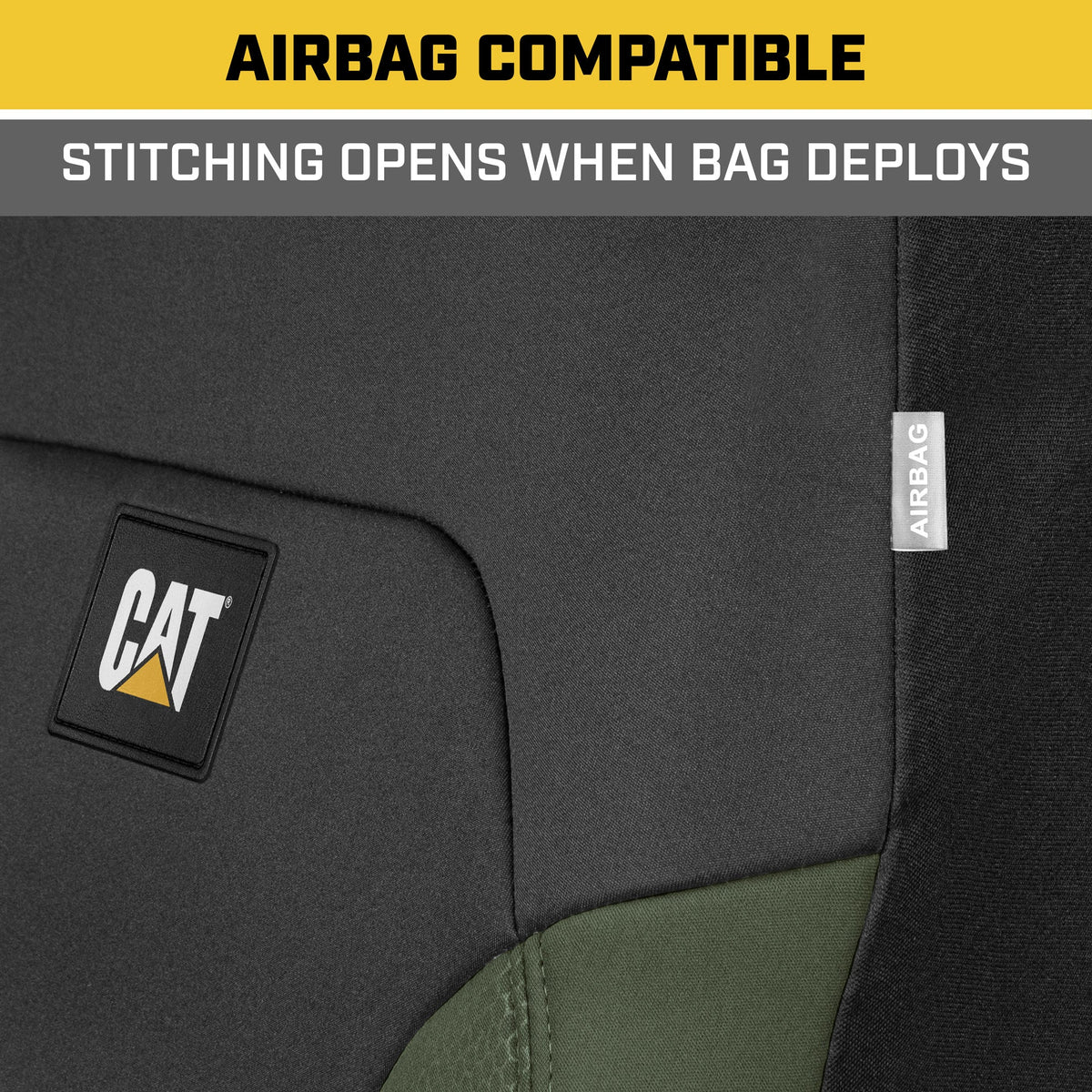 CAT Black & Green Car Seat Covers Full Set – Front Seat Covers & Rear Bench Seat Cover – Airbag Compatible, 60/40 Split Bench for Trucks, Cars &