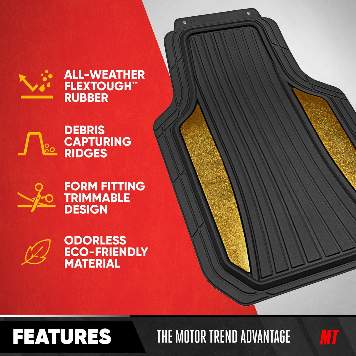 Motor Trend ChromeTech Car Floor Mats Full Set - Durable Rubber Floor Mats for Cars with Two Tone Accent, All Weather Interior Protection for