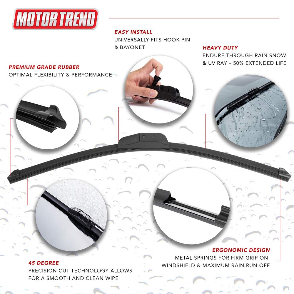 MotorTrend FlexBlade Premium Wiper Blade with Advanced Beam Design for 50% Longer Life - Long Life, Streak-Free