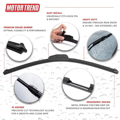 MotorTrend FlexBlade Premium Wiper Blade with Advanced Beam Design for 50% Longer Life - Long Life, Streak-Free