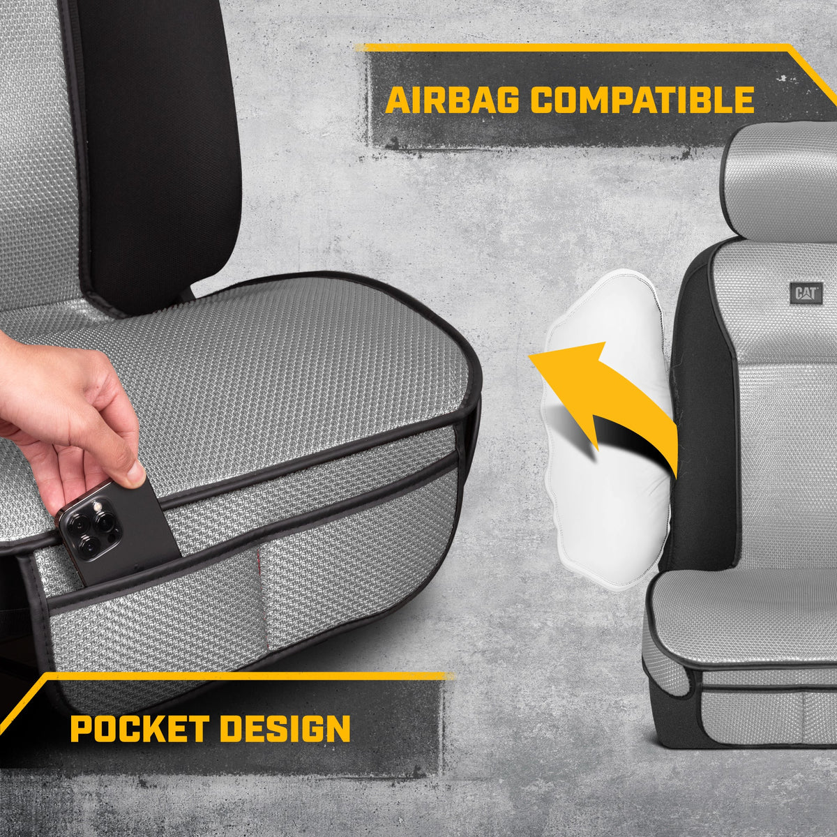 Caterpillar AeroMesh Gray Seat Covers for Trucks, Car, & SUV - (2) Front Truck Seat Cover Protector - Breathable Mesh Universal Fit Car Seat