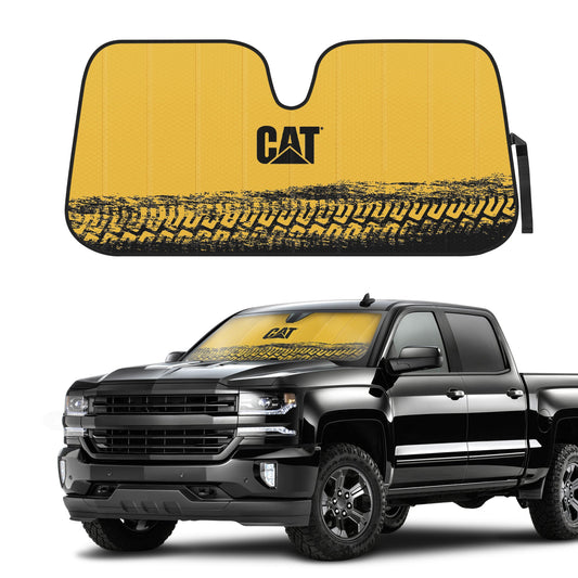 CAT Auto Shade for Cars & Trucks – Jumbo 65"x27" Accordion Folding Sunshade with Bold Yellow Tire Tracks Design – Heavy-Duty Windshield Cover for