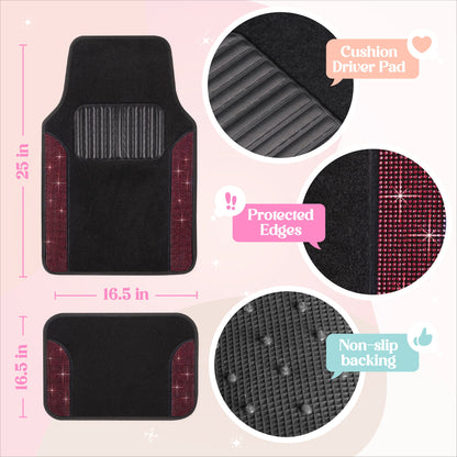 Carbella 4-Piece Diamond Bling Front Floor Mats and Rear Floor Mats - Red