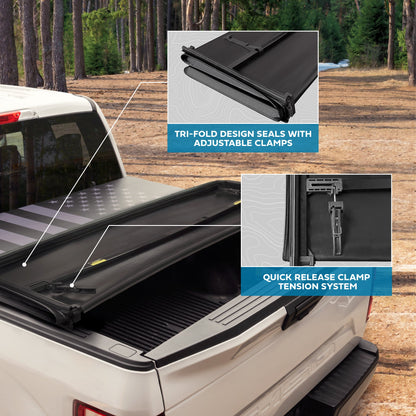 MotorBox Soft Tri-Fold Truck Tonneau Cover for Ford F-150 2015-2024 5.5 ft Bed, All-Weather Folding Truck Bed Cover with Black Flag Graphic