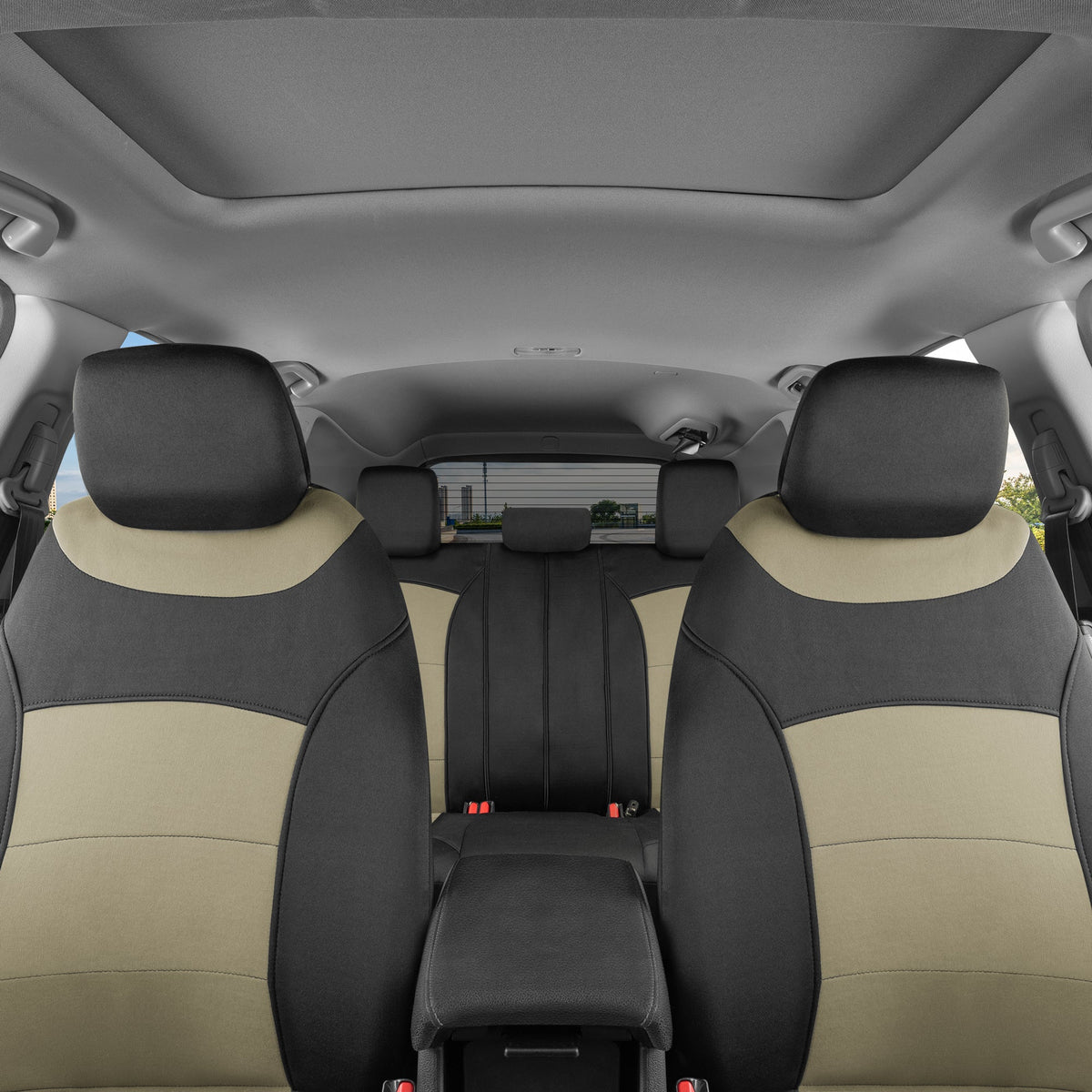 BDK carXS Turismo Car Seat Covers Full Set, Beige Two-Tone Front Seat Covers with Split Rear Bench Back Seat Cover, Automotive Seat Covers for