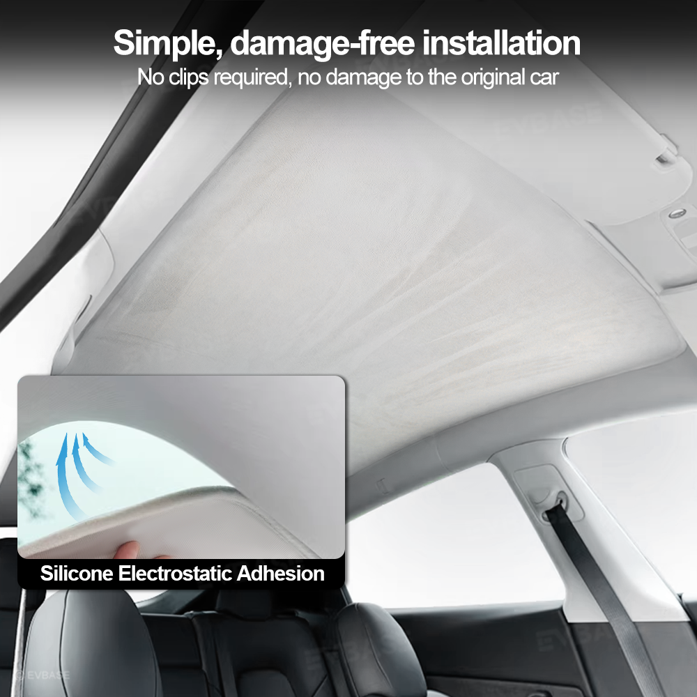 EVBASE Model Y Juniper Glass Roof Sunshade Silicone Electrostatic Sunroof Shade Heat Insulation UV Protection Faux Suede Sun