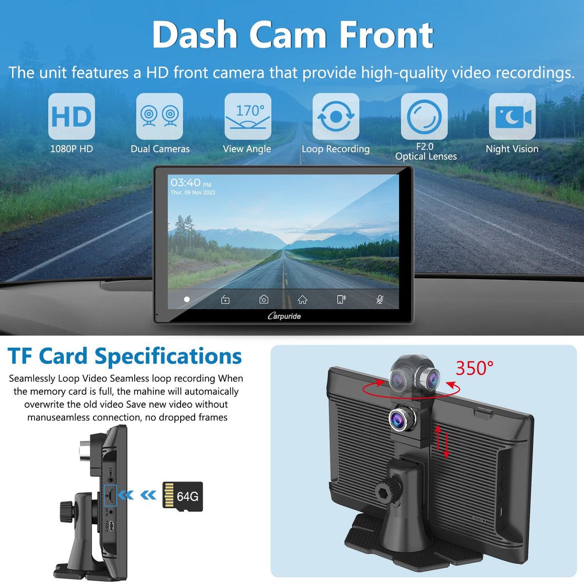 CARPURIDE W905 Portable Smart Multimedia Car Stereo with Dual Cameras and DVR Function