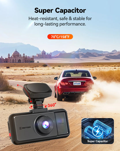 REDTIGER A6 Dash Cam Front and Rear, 4K/2.5K+1080P 5.8G WiFi & GPS dashcam, 3 Channel dash Cam with 64GB Card