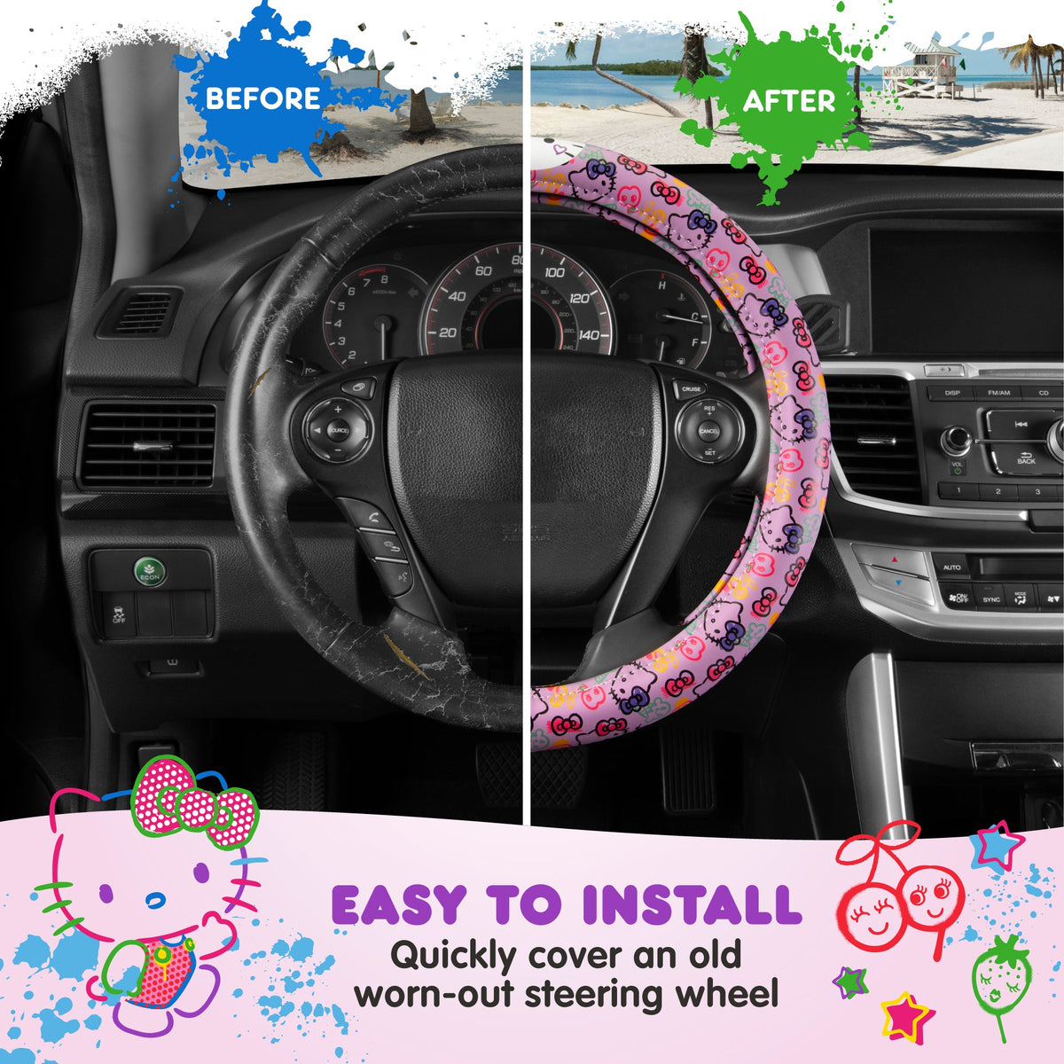 Hello Kitty Steering Wheel Cover, Official Sanrio Car Steering Wheel Cover with Universal Size 14.5 - 15, Cute Steering Wheel Cover for Women