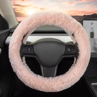 Carbella Soft Pink Fuzzy Steering Wheel Cover, Standard 15 Inch Size Fits Most Vehicles, Cute Faux Fur Car Steering Cover with Soft Fluffy Furry
