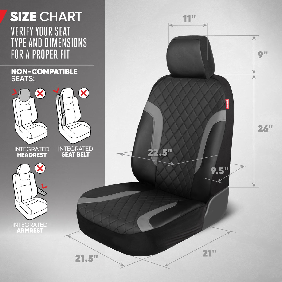 Motor Trend Faux Leather Seat Covers For Trucks, Cars, & SUV - Front Black & Gray Car Seat Cover Set - Universal Fit For Most Automotives