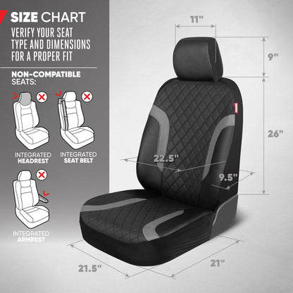 Motor Trend Faux Leather Seat Covers For Trucks, Cars, & SUV - Front Black & Gray Car Seat Cover Set - Universal Fit For Most Automotives