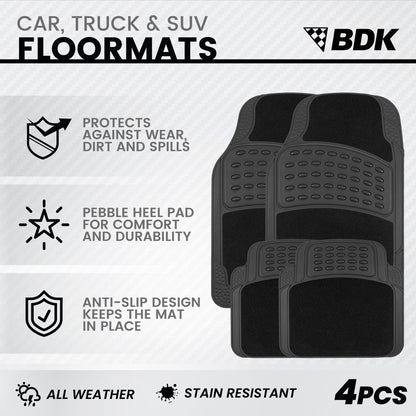 BDK 4-Piece HybridMat Front Floor Mats and Rear Floor Mats - Heavy Duty, All Weather, Trim to Fit