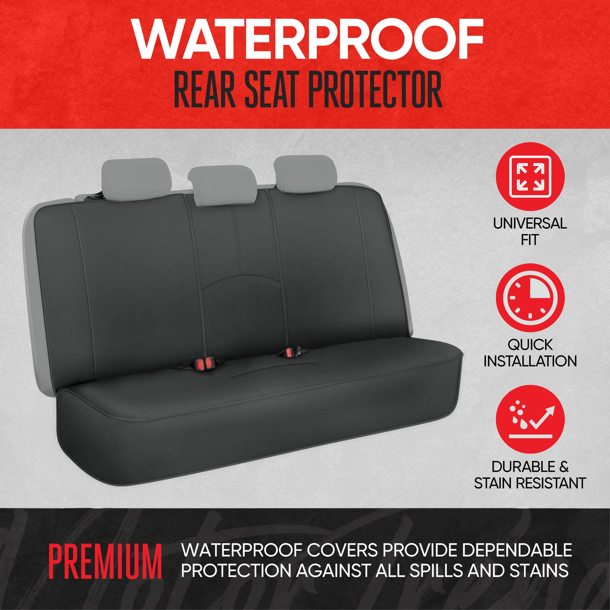 Motor Trend SpillGuard Waterproof Rear Bench Car Seat Cover, All Charcoal Stitching – Split Bench Rear Seat Protector with Neoprene Padding, Back